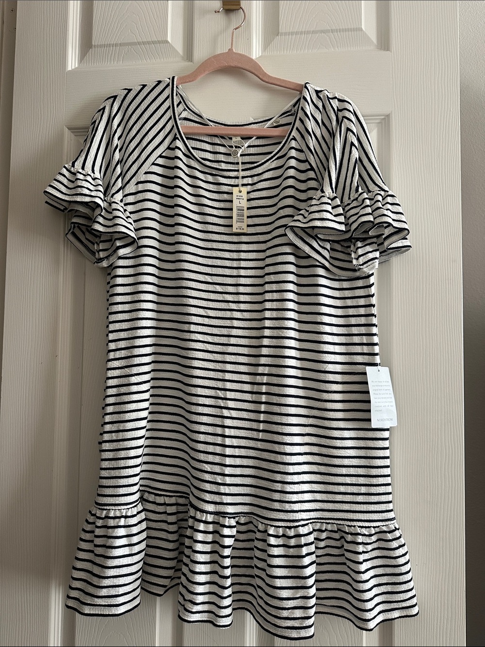 Max Studio London Navy & Cream Striped Ruffle Hem Dress. Large. New with tags.